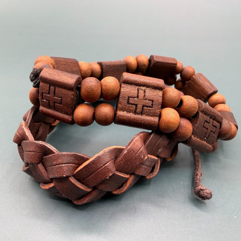 Set of 2 Brown Wooden Bead Braided Cord Cross Bracelets Boho Christian Gift Men - Picture 5 of 17